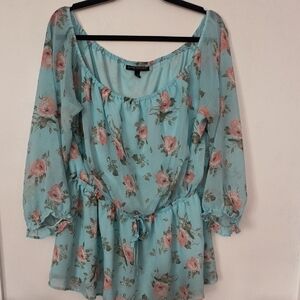 Lane Bryant Light Aqua Floral Blouse with Pink Accents